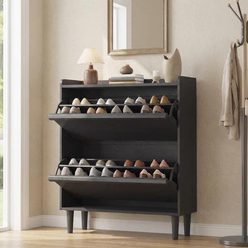 Narrow Shoe Cabinet Organizer with 2 Flip Drawers for Entryway, Hallway, Living Room - Black
