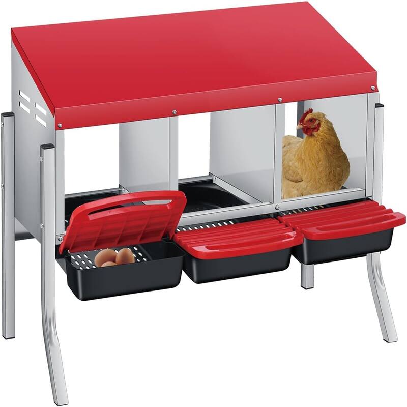 Roll-Away Nesting Boxes for Chickens Coop with Perch - 3 Hole Red With  Legs