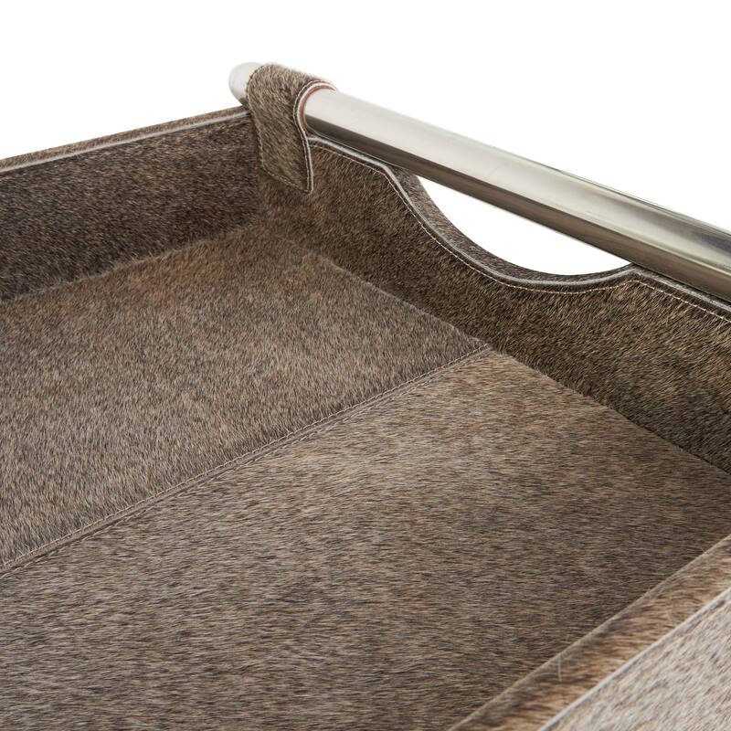 Gray Leather Tray Table Accent Table with Silver Legs and Handles