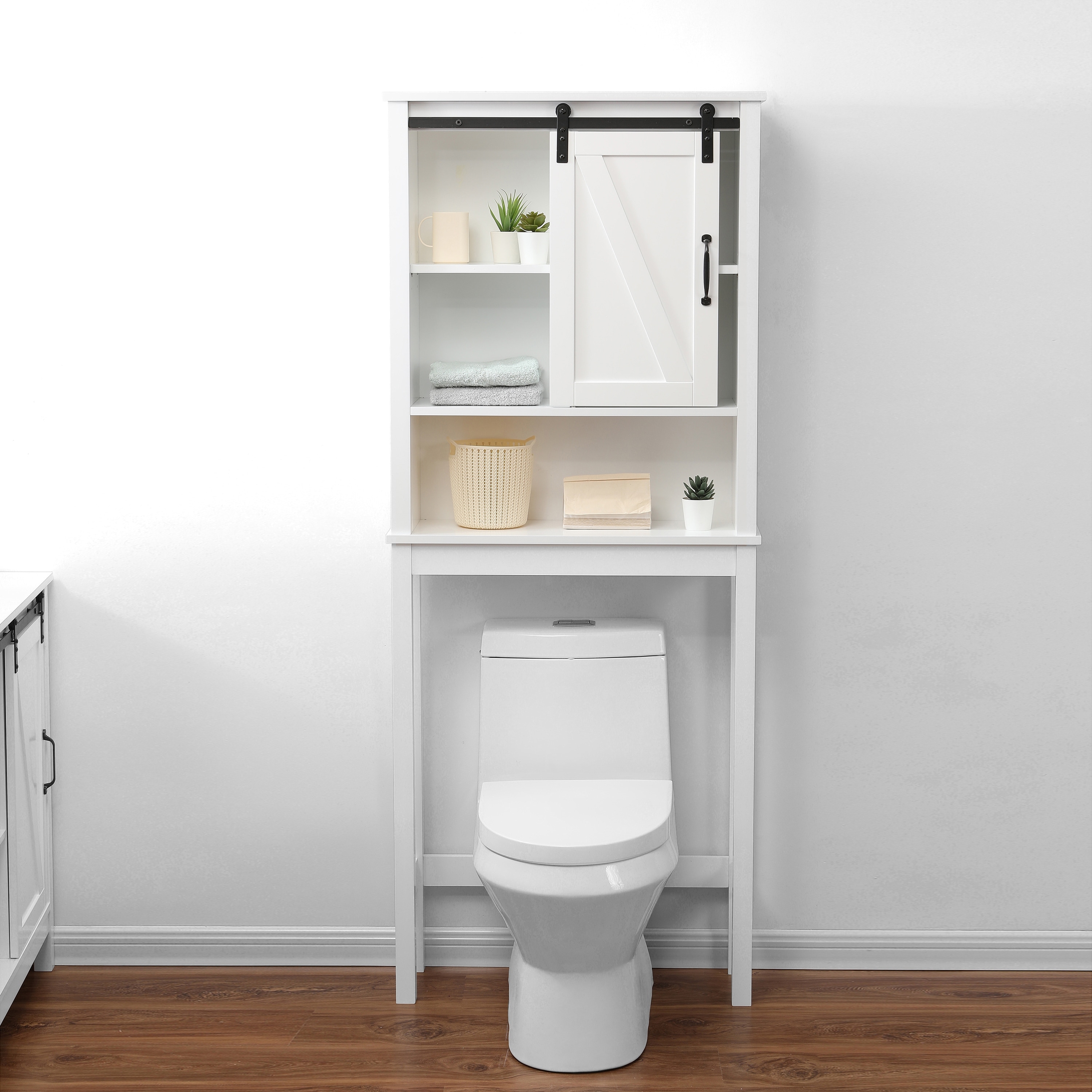 MXARLTR Over The Toilet Storage Cabinet, Over Toilet Bathroom Organizer  with Barn Doors Above Toilet Storage Cabinet Spacesaver Rack Behind Toilet