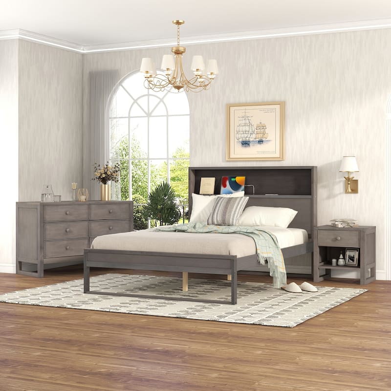 3-Pieces Bedroom Sets Platform Bed with Nightstand and Dresser - Grey(Full bed+Nightstand+Dresser) - Full - 3 Piece