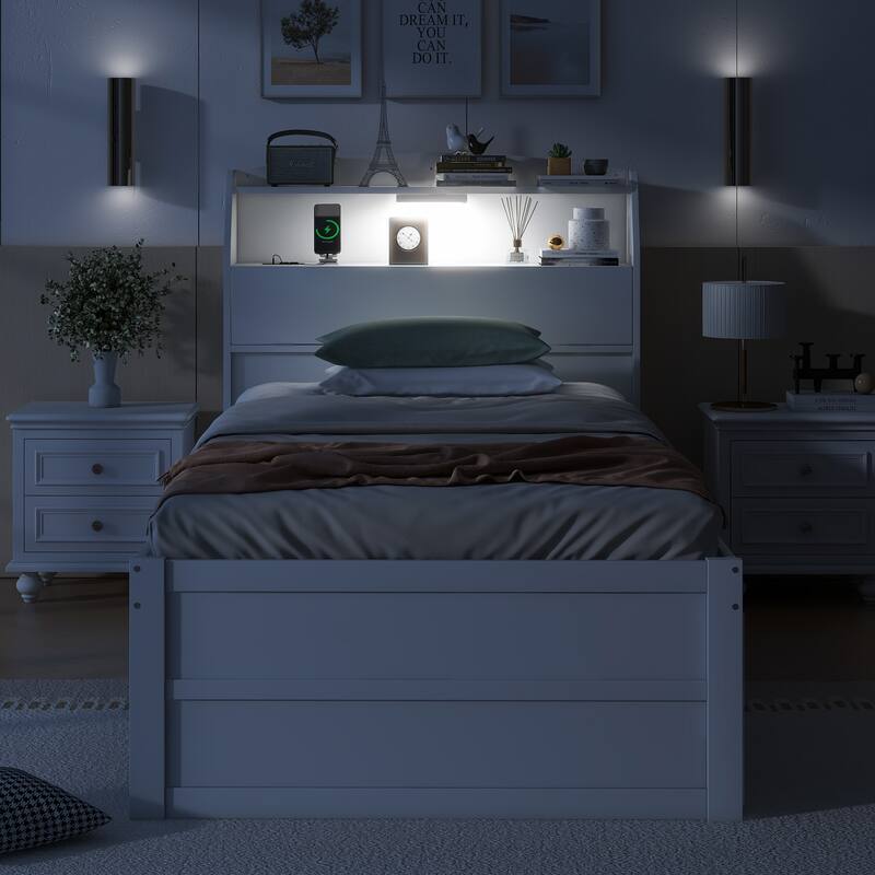 Twin Size Wooden LED Bed with Trundle and Storage Headboard