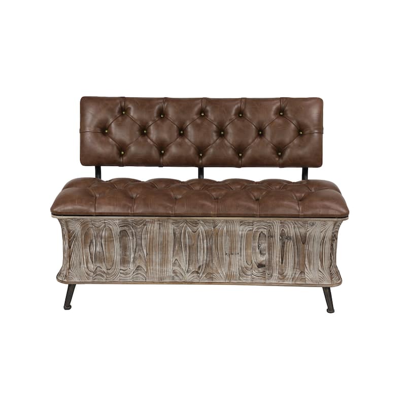 Wood Storage Bench with Tufted Faux Leather Seat and Back - Brown - Roche River Decor - 20"W x 47"L x 32"H
