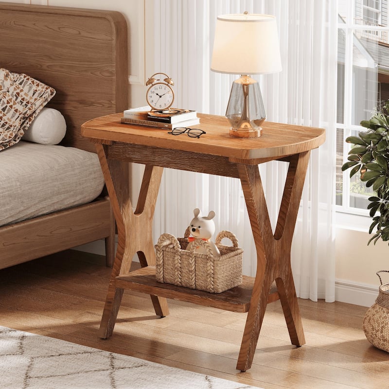 2-Tier Solid Wood Side Table with Storage