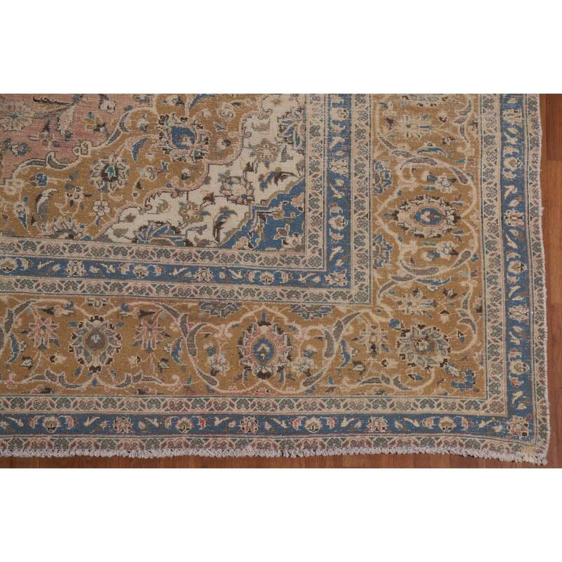 Distressed Floral Kashan Persian Antique Area Rug Handmade Wool Carpet - 9'0" x 12'5"