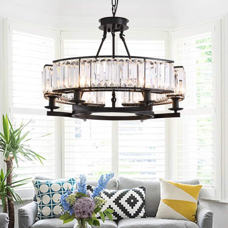 26 in. 6-Light Modern Farmhouse Crystal Chandelier Black Drum Kitchen Island Pendant Light
