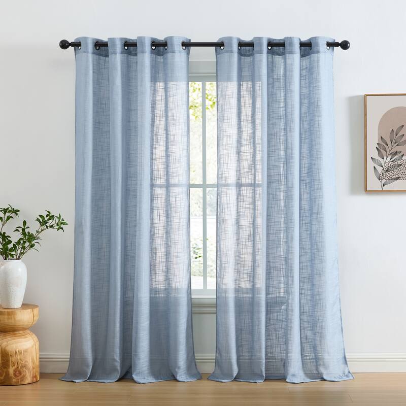 HLC.me Abbey Faux Linen Textured Semi Sheer Privacy Light Filtering Transparent Window Grommet Curtain Panels, Pair - 54 W x 84 L per panel - Set of 2 - Stone Blue