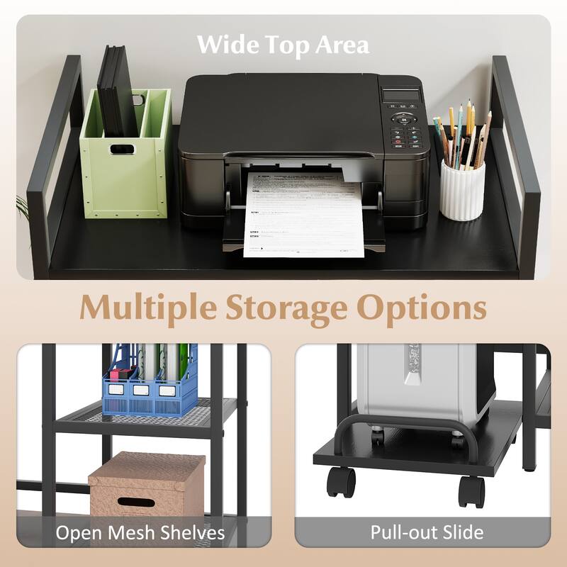 Gymax 25'' x 16'' 3-Tier Printer Table w/ Storage Shelves Wheels for