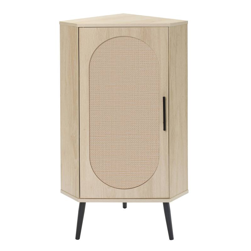 Freestanding Corner Cabinet with Rattan Door