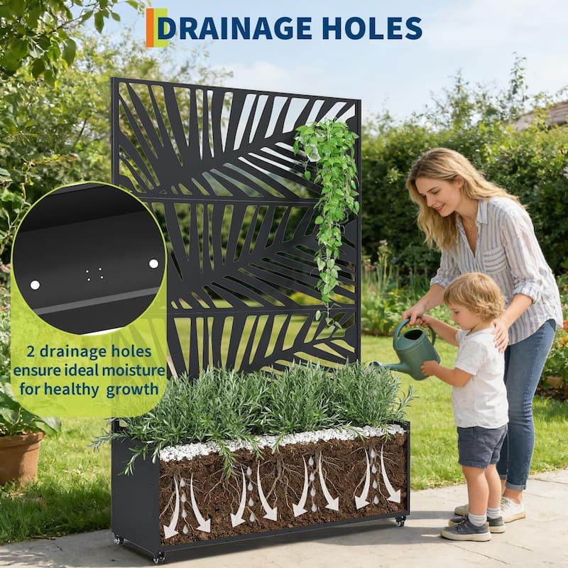 Metal Privacy Screen Planter Box, Raised Garden Bed for Climbing Plants, Veggies, Palm Leaf Style With Wheels
