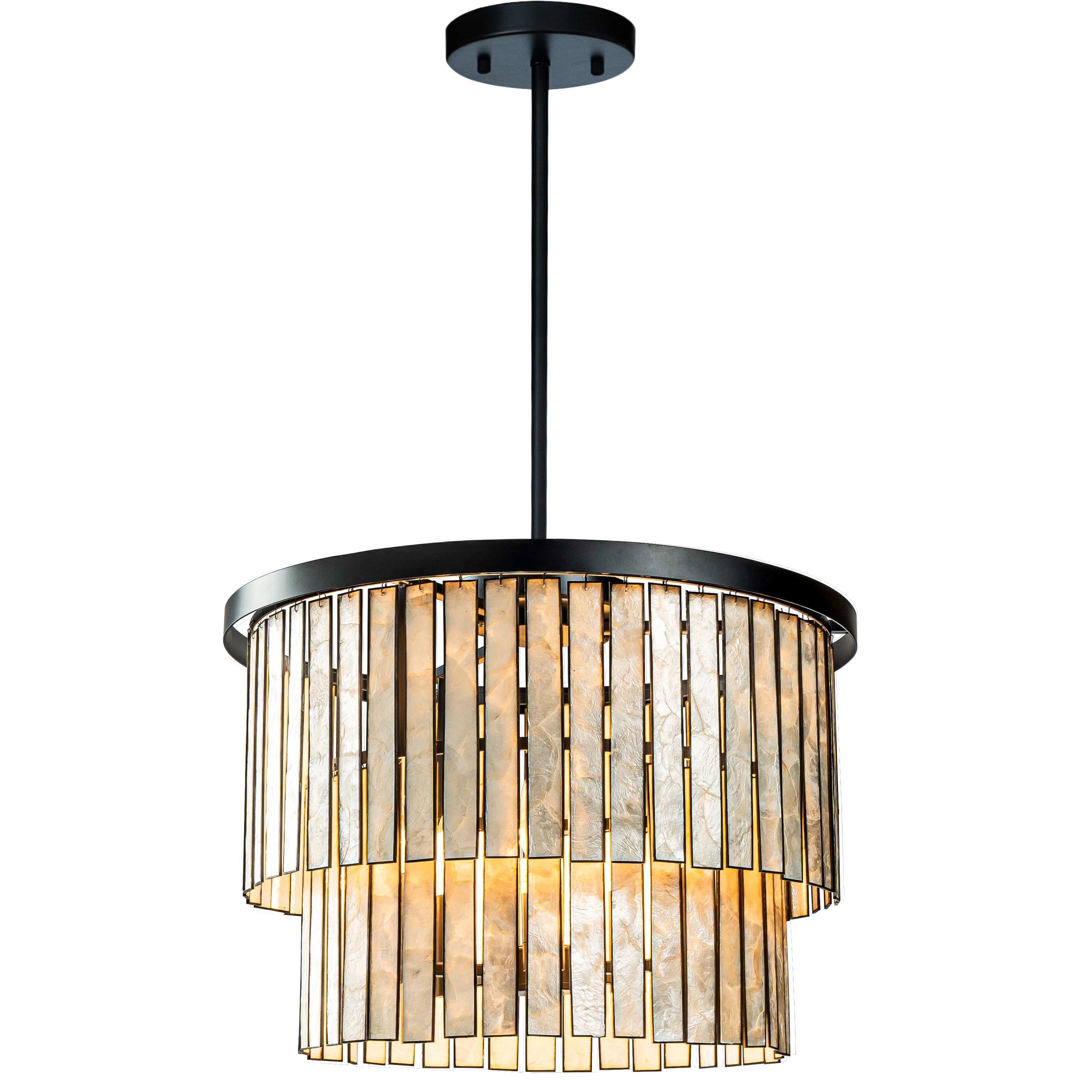Matte Black Coastal Natural Capiz Round Chandelier 5 Light Modern Pendant Fixture for Living Room and Dining Room W20