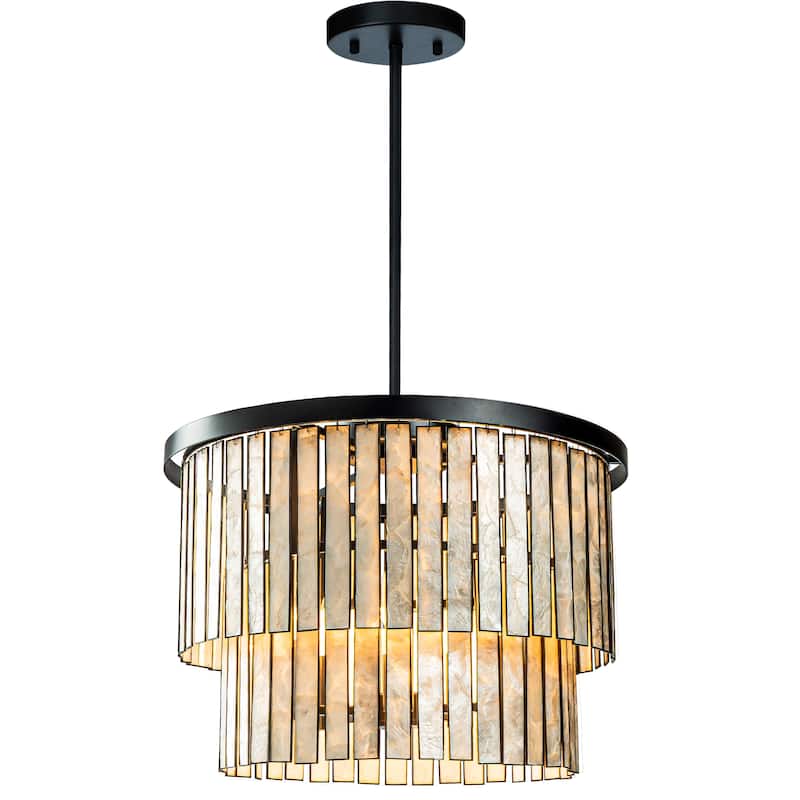 Matte Black Coastal Natural Capiz Round Chandelier 5-Light Modern Pendant Fixture for Living Room and Dining Room - W20" - W20" - Matte Black