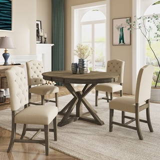5-Piece Kitchen Dining Table Set, Wood Round Dining Table Set with ...