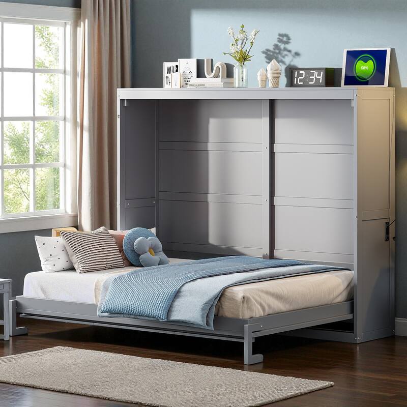 Full/Queen Size Murphy Wall Bed with Cabinet, Space-Saving Fold-Out Bed with Slat Support, No Box Spring Needed