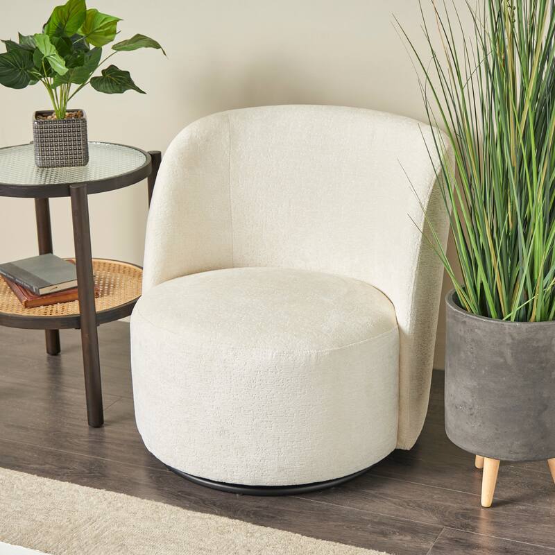 White Polyester Round Swivel Boucle Living Room Accent Chair with Black Base - White