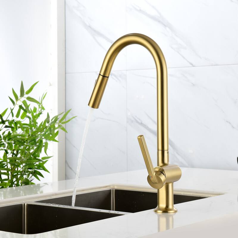 Single Handle Pull Down Sprayer Kitchen Sink Faucet Modern Commercial Kitchen Basin Faucets Brushed Gold