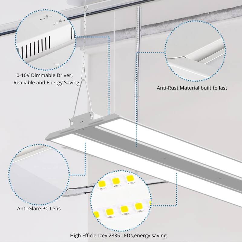 2 Pack 4FT LED Linear High Bay Shop Light, 250W LED Shop Light, 31250lm 125LM/W, 100-277V, 0-10V Dim, 5000K Daylight