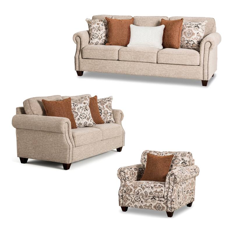 Furniture of America Mootle 3-Piece Taupe Kiln-Dried Wooden Frame Sofa Set with Pillows