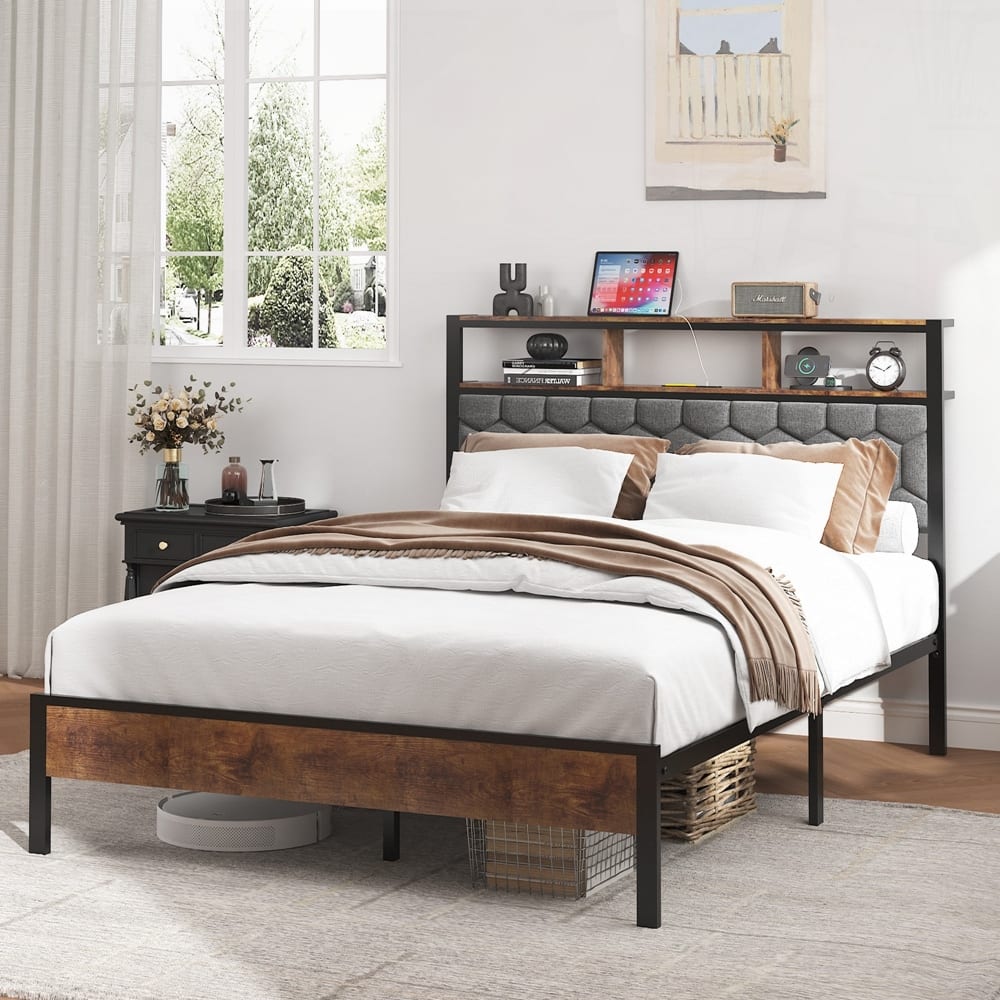 wooden platform bed frame, bedside with soft package and 2 USBs