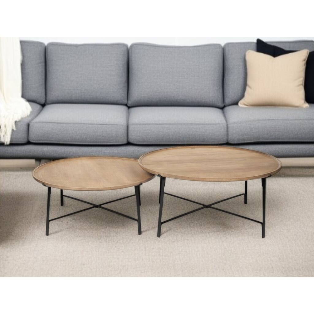 HomeRoots Set of Two Brown and Black Solid Wood and Iron Round Nested Coffee Tables - 41