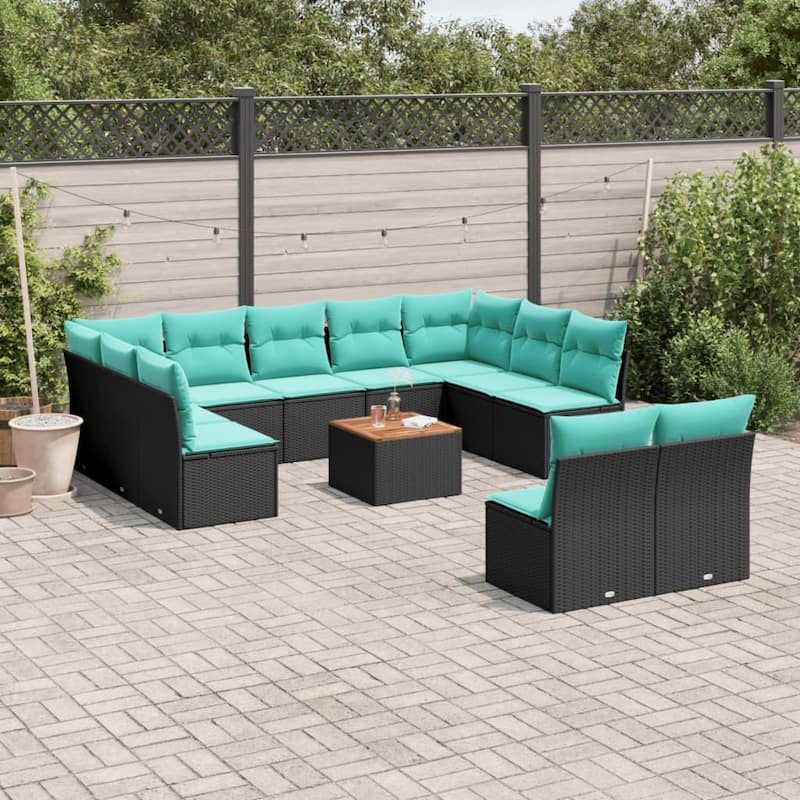 vidaXL 12 Piece Patio Sofa Set with Cushions Black Poly Rattan - 24.4 x 24.4 x 27.2