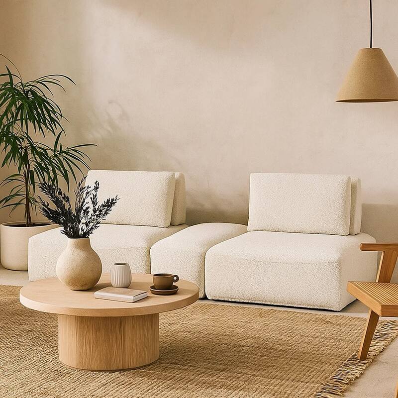 Stavan Modular Curved 2 Seat Sofa, Beige Boucle Adjustable Seat Depth