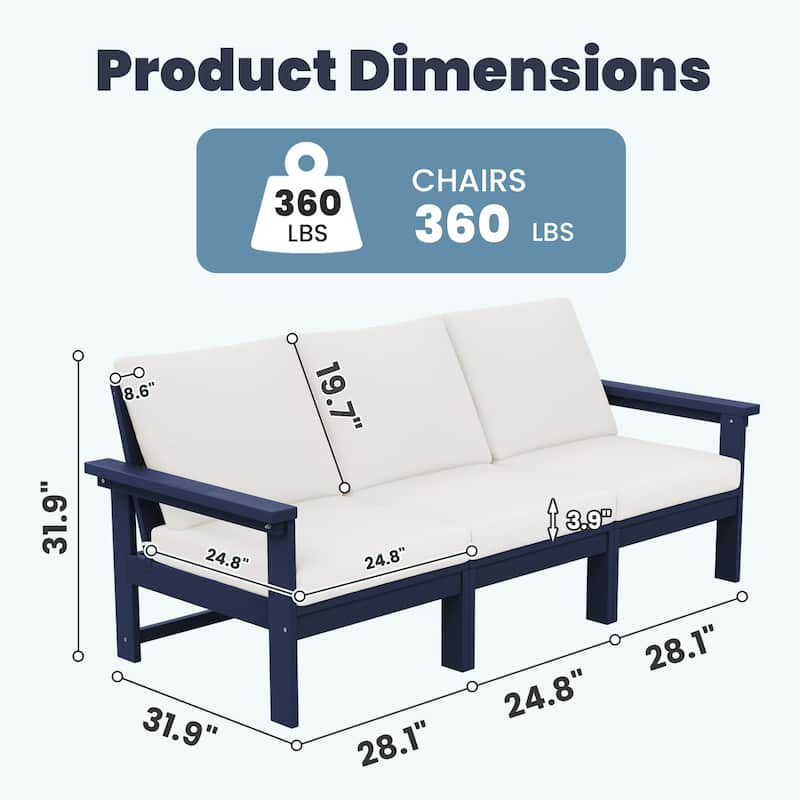 Outdoor Patio HDPE 3-Seat Sofa, 3 Removable Cushions Included