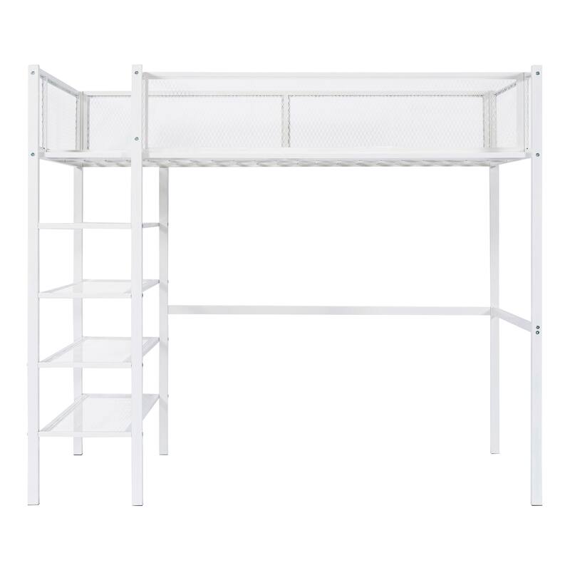 Twin/Full Metal Loft Bed with Built-in Desk, Shelves, and Storage, Modern Design