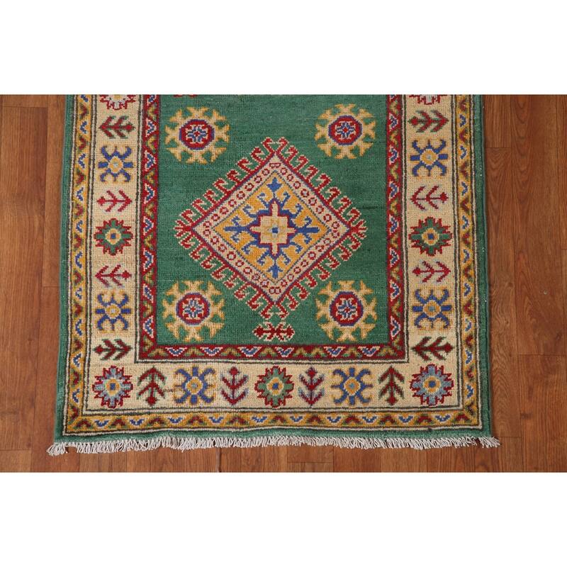 Traditional Green Kazak Runner Rug Hand-Knotted Wool Carpet - 2'8" x 16'4"