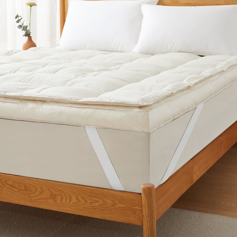 White Goose Feather Bed Fitted Mattress Topper with 100% Organic Cotton Cover
