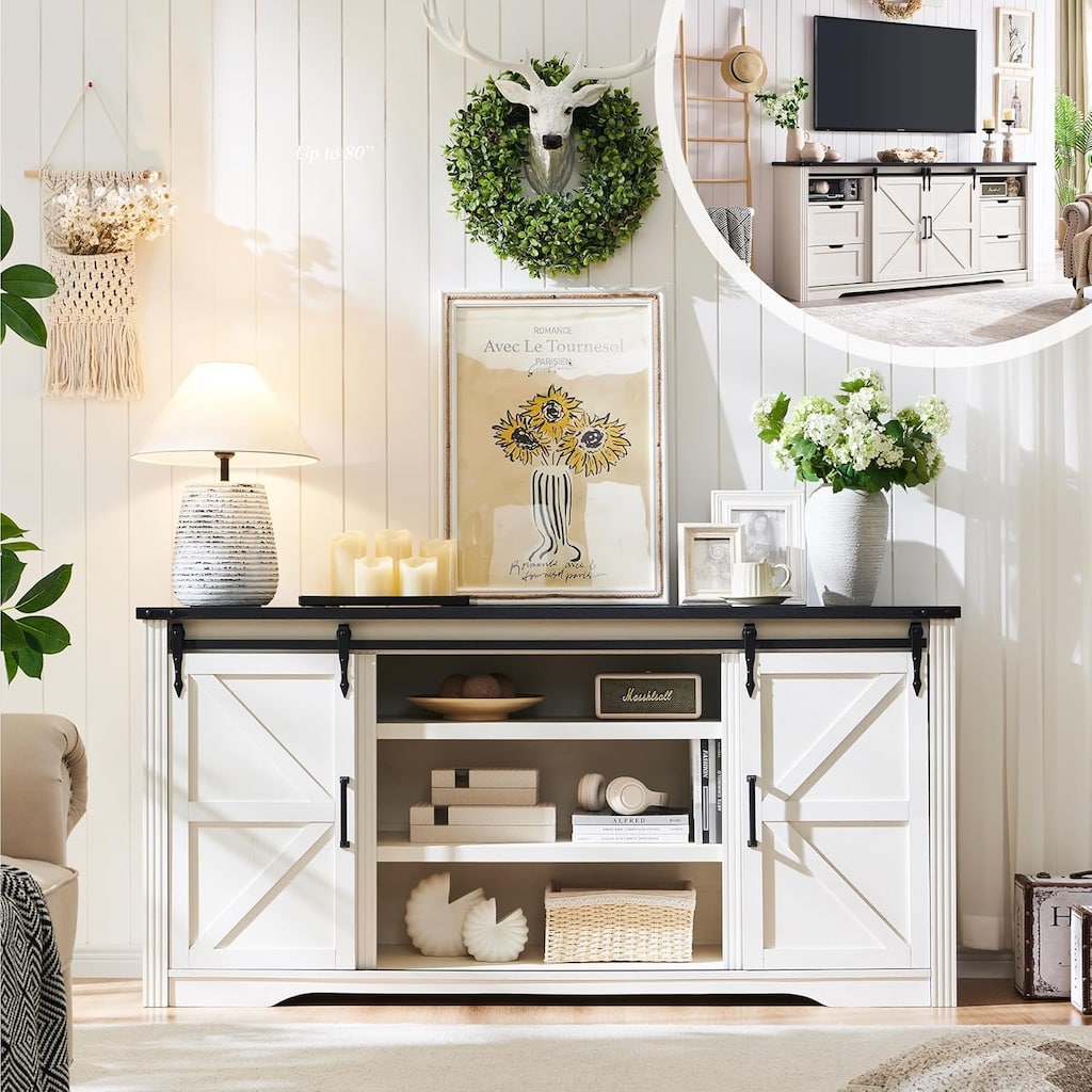 32" Tall Farmhouse TV Stand for 80" TV, Wood Entertainment Center