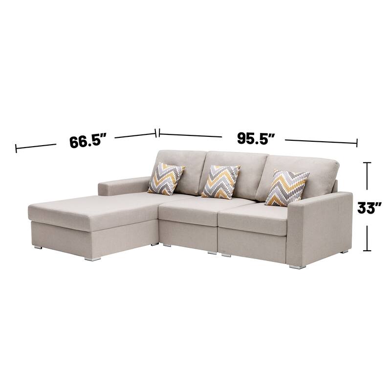 Linen Fabric 3 Piece Reversible Sectional Sofa Chaise with Pillows and Interchangeable Legs in Beige