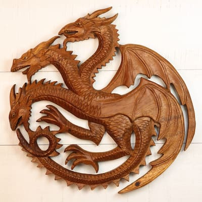 12" Three Headed Dragon Wooden Wall Art Hand Carved Fantasy Sculpture, Rustic Mythical Home Decor