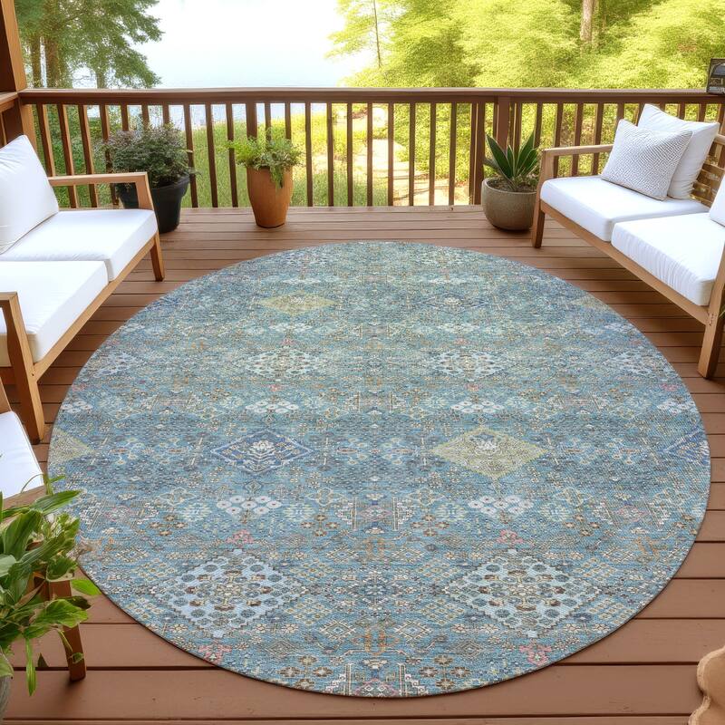 Machine Washable Indoor/ Outdoor Boho Panel Chantille Rug - Teal - 8' x 8'