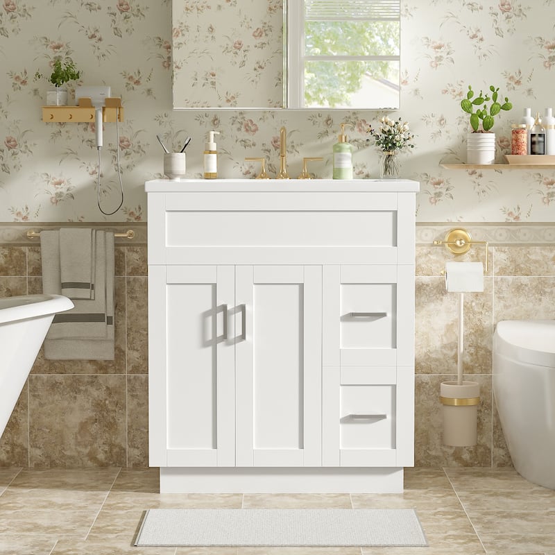 30"Bathroom Vanity with 2 Doors, 2 Drawers, Adjustable Shelf, Hidden Damping Slides for Drawers & Damping Hinges for Doors - White