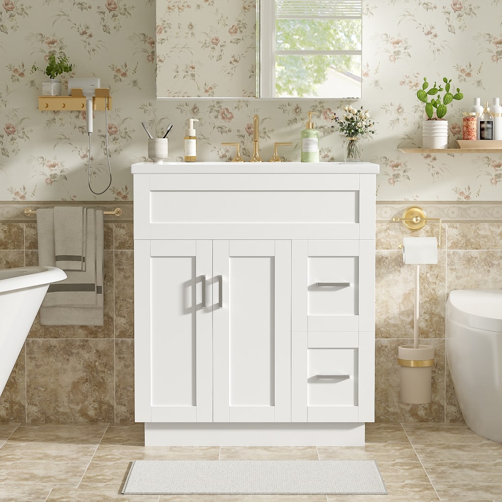 30"Bathroom Vanity with 2 Doors, 2 Drawers, Adjustable Shelf, Hidden Damping Slides for Drawers & Damping Hinges for Doors