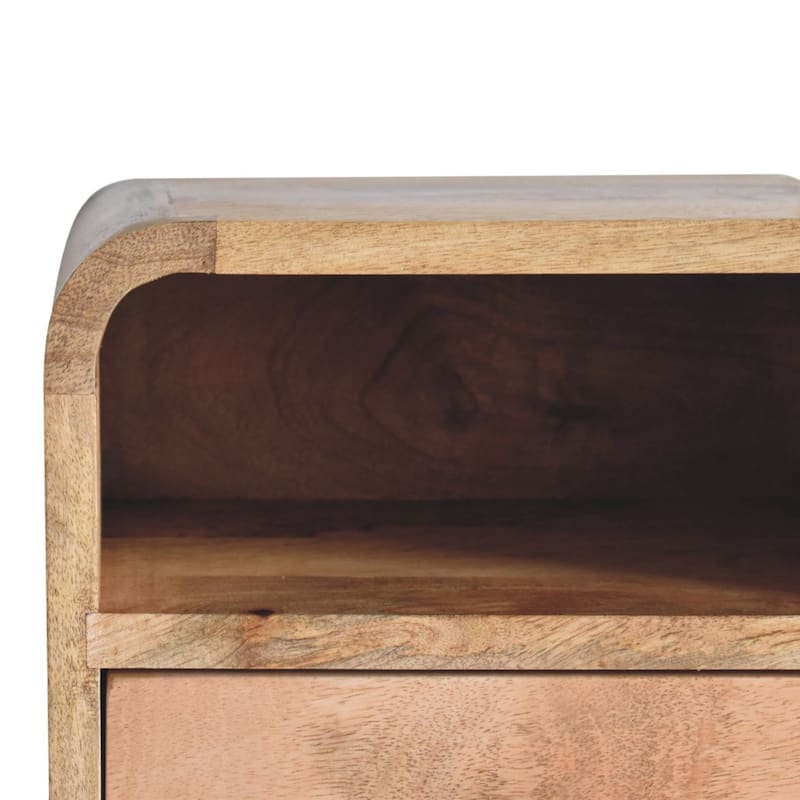 Artisan Furniture Solid Wood Extra Mini Wall Mounted Curved Oak-ish Bedside with Open Slot, Light brown, 1 Drawer ,1 Shelf