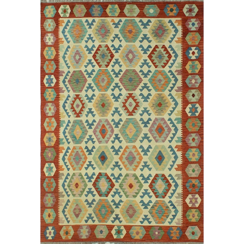 Hand-Woven Sangat Kilim Zaland Ivory/Rust Rug - 6'10" x 9'10"