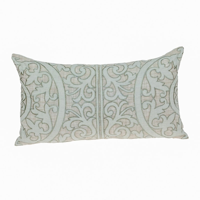 14" X 24" Beige and Green Linen Lumbar Throw Pillow with Embroidery