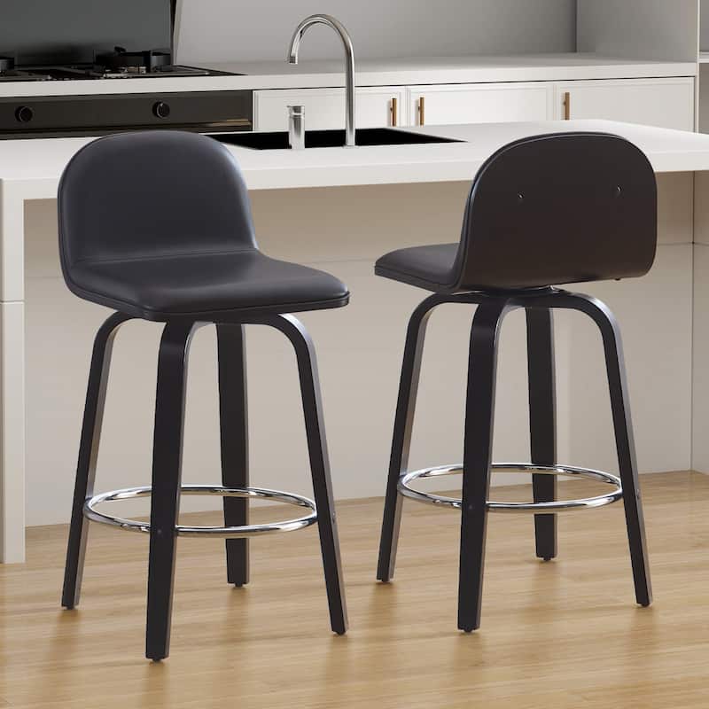 Faux Leather Upholstered Swivel Counter/ Bar Stools with Wood Frame - Set of 2 - Black - Counter Height