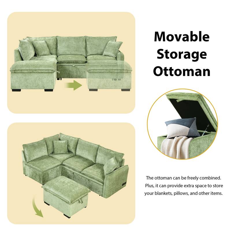 Convertible Sleeper Sofa Bed with Storage Ottoman, L-Shaped Sectional Sofa with 2 Pillows, 2 Power Sockets & 2 USB Ports