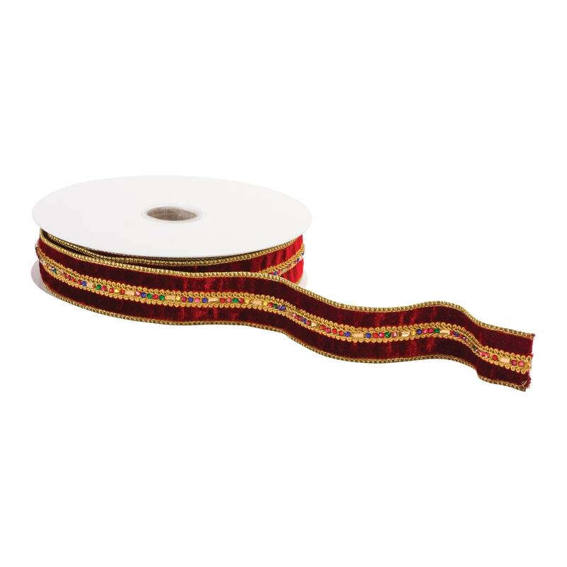 Jeweled Christmas Wired Craft Ribbon - 1.5" x 10 Yards - Red and Gold