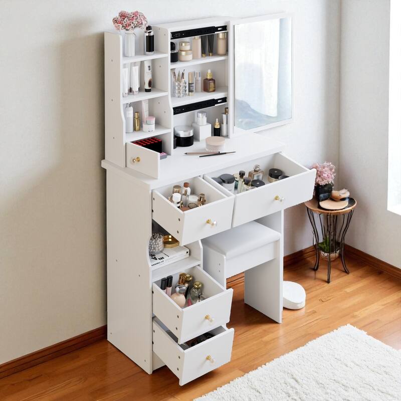 Small Vanity Desk with Sliding Mirror and Stool, Compact Makeup Table with Drawer and Storage for Small Spaces