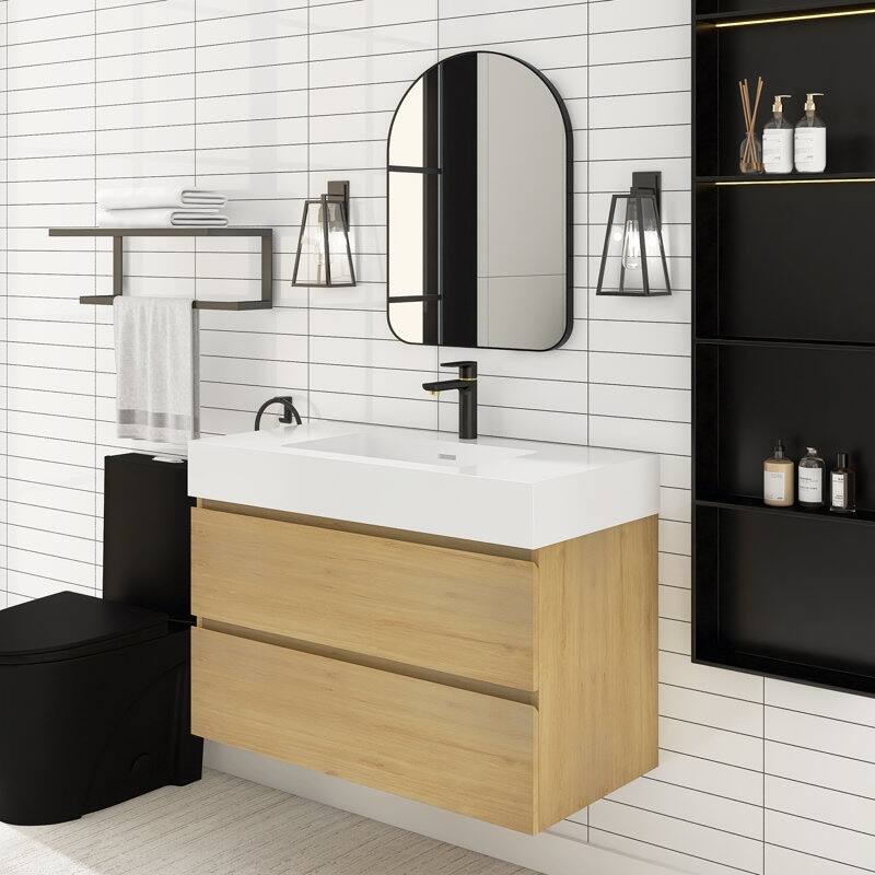 24/30/36 inch Wall-Mounted Bathroom Vanity Set in Oak with Integrated Resin Sink