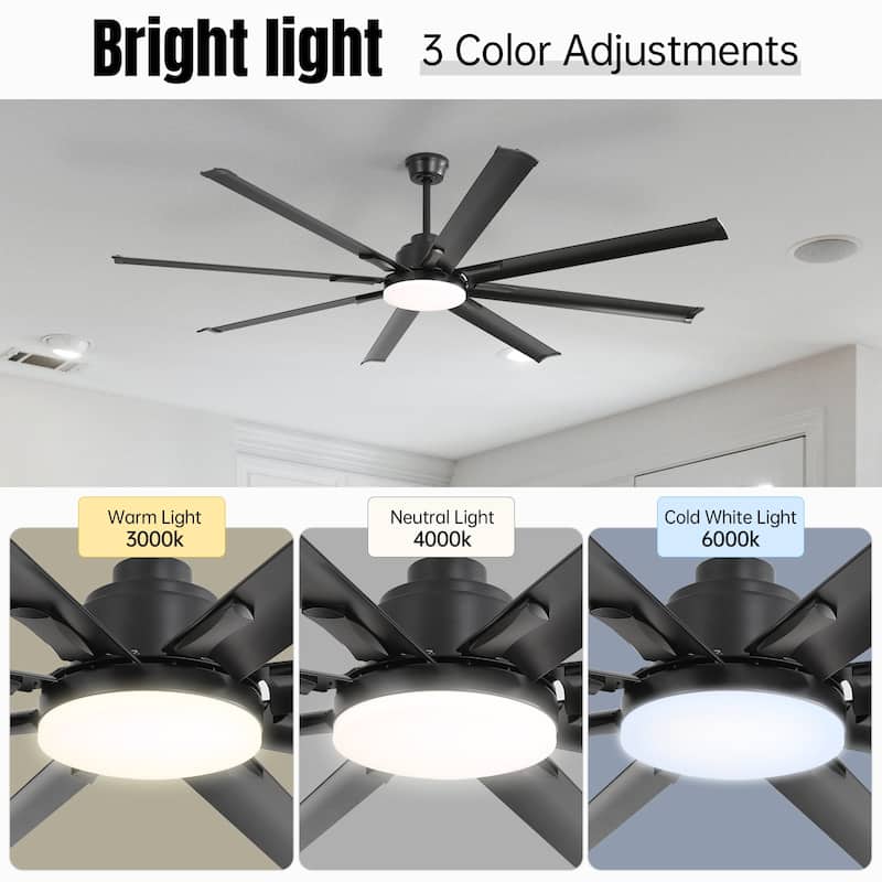 72 Inch Modern Large Design Ceiling Fans With Smart Remote Control 6 Wind Speed - Black