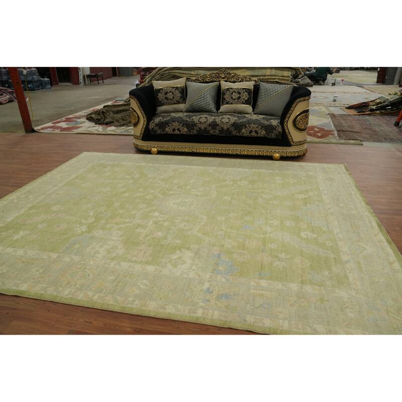 Vegetable Dye Green Oushak Turkish Area Rug, Floral Geometric Carpet - 11' 11'' X 9' 3''