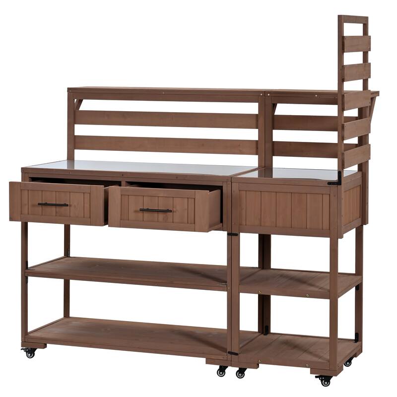 Solid Wood 62.3'' Patio Kitchen Island Kitchen Cart with Stainless Table Top, Garden Potting Bench with Raised Shelf and Drawers