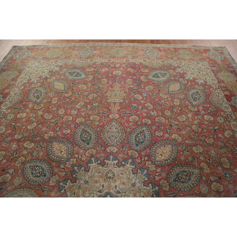 Hand Knotted Oriental 100% Wool Carpet Traditional Floral Pink Tabriz Area Rug - 12' 10'' X 9' 11''