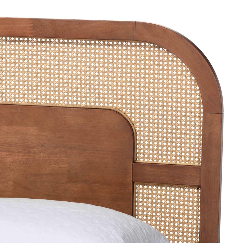 Raewyn Wood Platform Bed - Low Profile Bed Frame with Decorative Rattan Weave Inlay and Rounded Headboard, Queen