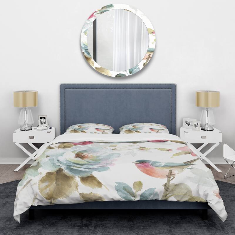 Designart 'Beautiful Bird Romance I' Cottage Bedding Set - Duvet Cover & Shams